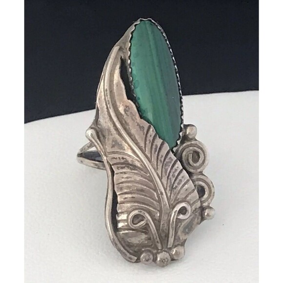 Vintage 1970s Sterling Silver Ring Malachite Native American Signed H 4X - Picture 3 of 5